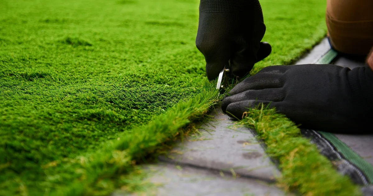 Gloved hands trimming the edge of synthetic grass during installation.